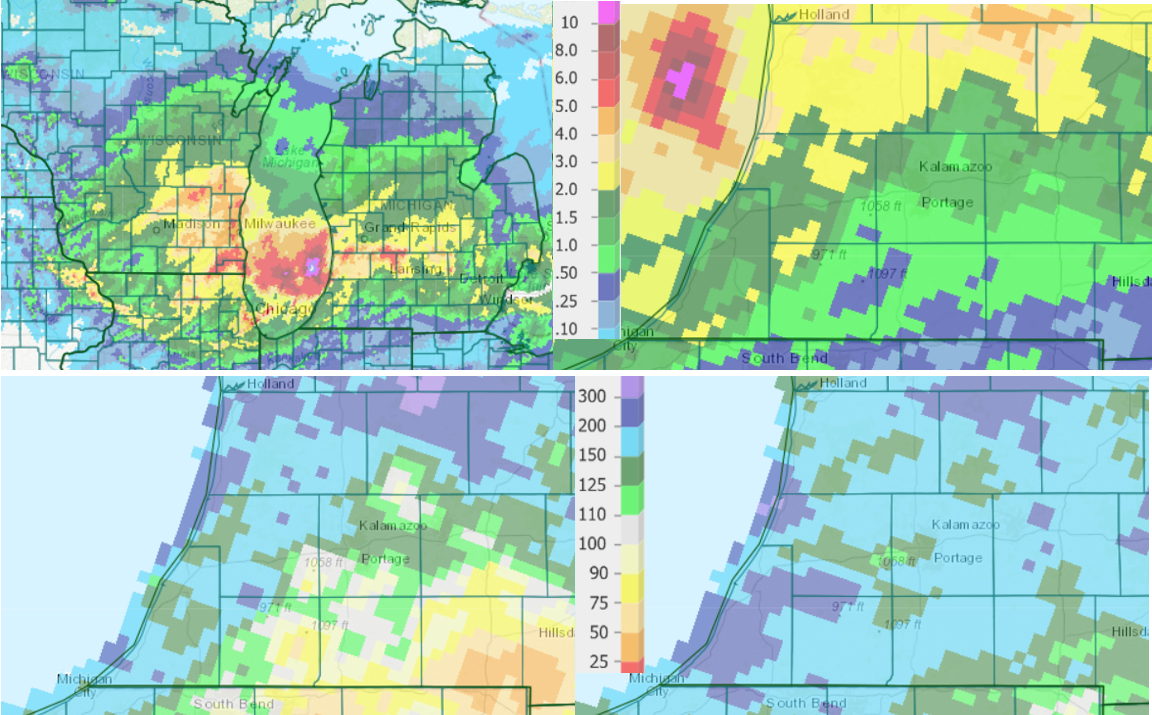Four radar images showing precipitation totals in southwest Michigan.